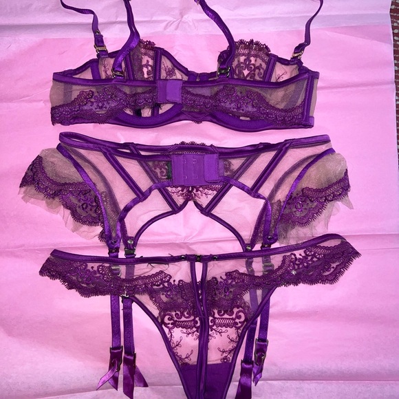 RARE - Honey Birdette Purple Lace Lingerie Set Bra Garter AND Panties - Picture 11 of 12